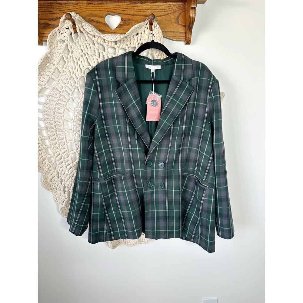 NEW Ivy City Co Kennedy Green Plaid Cotton Flannel Blazer Size 1X
